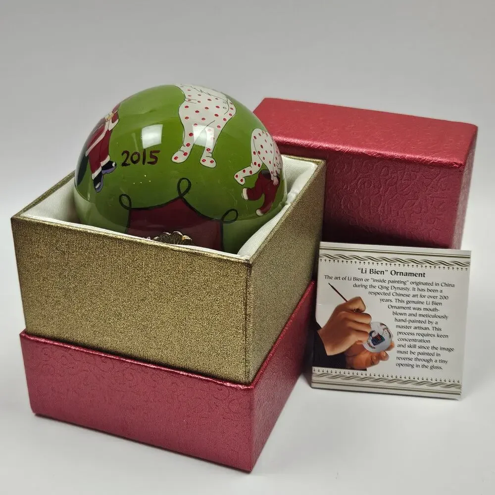 Pier One Li Bien reverse painted glass ornament Santa dressing green ball round